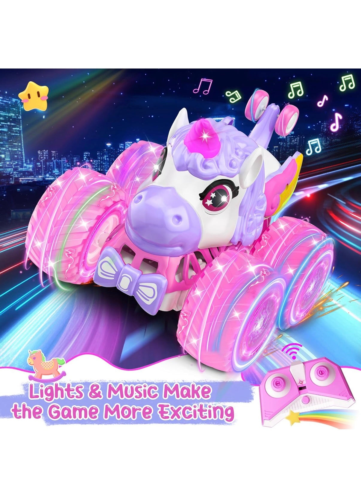 360° Rotating Unicorn Monster Truck, 4WD RC Stunt Cars with Light and Music, 2.4 GHz, Rechargeable, Various Terrain Truck, Unicorn Toys, Christmas, Birthday Gift Age 3-10