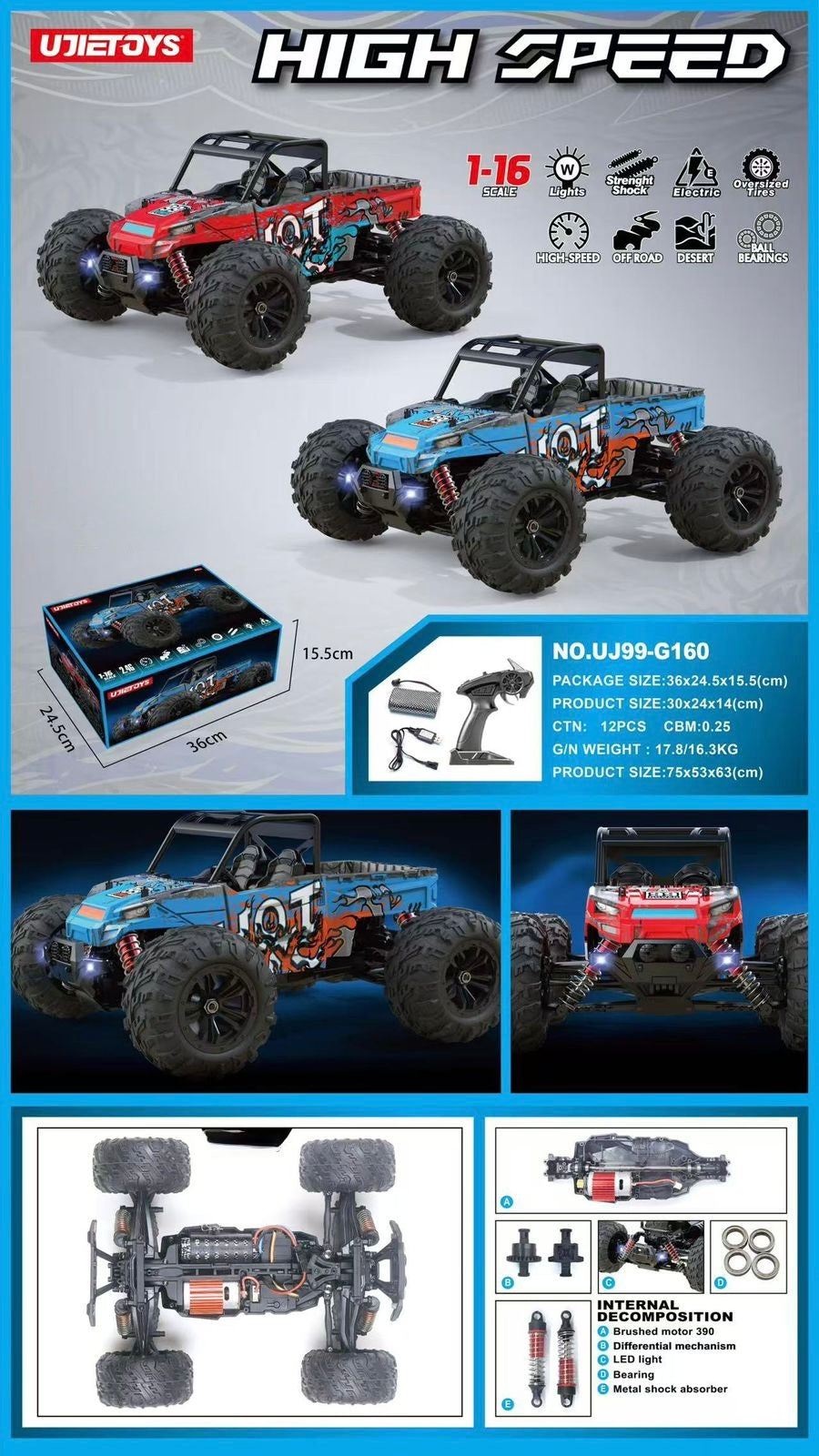 Hobbycar 35-45 km speed  UJToys Brand Remote Control Monster Drift Car - RC Car with Function KM speed and  real rubber wheel Off Road Drift Race Car Toy 360°