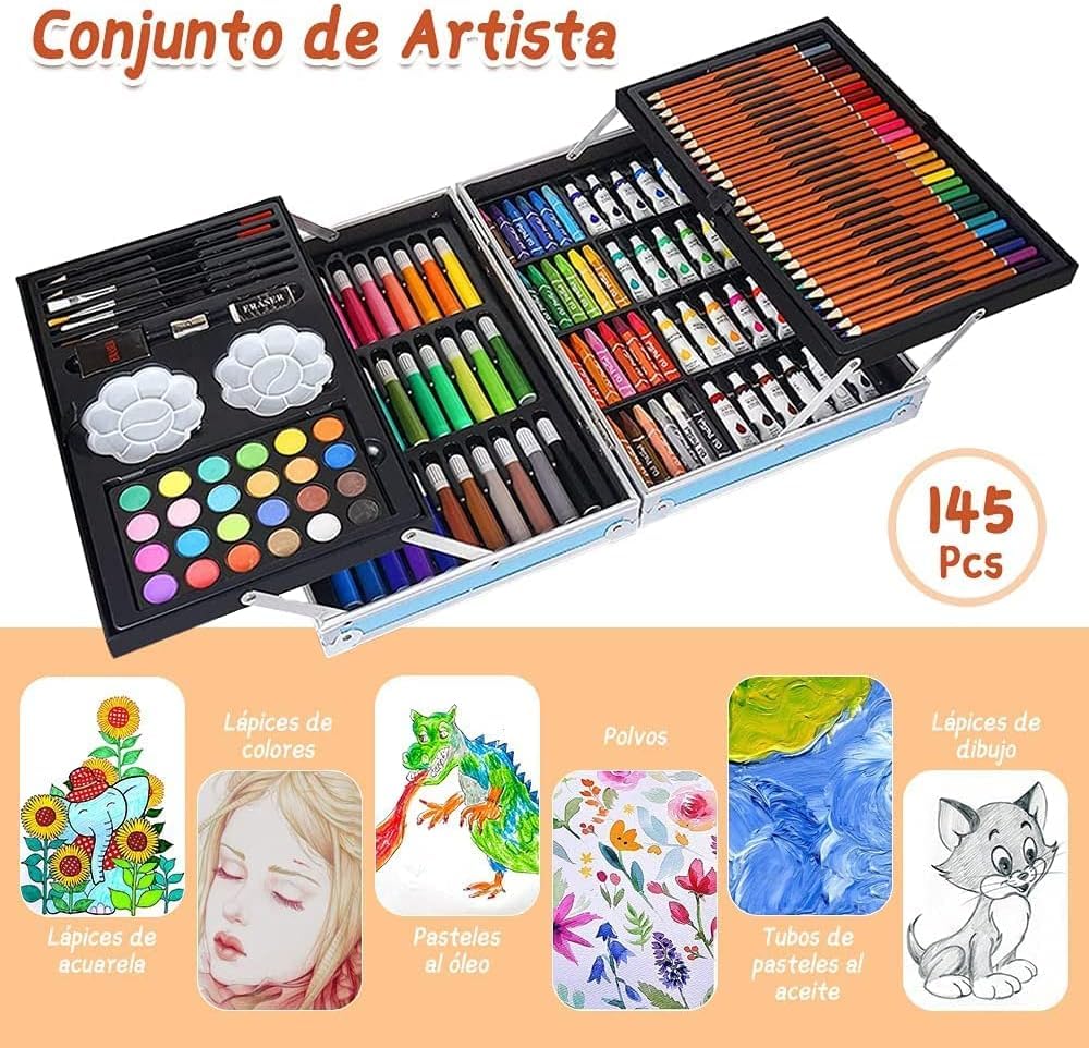 Suitcase Cooler Kit - 145 Drawing Kit Stationary Color Set Crayons Oil Pastels Color Pencil Set Watercolor Cakes Paint Brush Sharpener Eraser