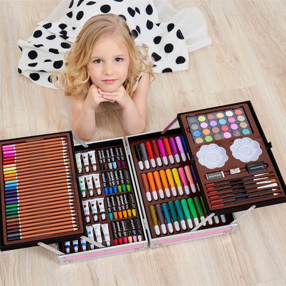 Suitcase Cooler Kit - 145 Drawing Kit Stationary Color Set Crayons Oil Pastels Color Pencil Set Watercolor Cakes Paint Brush Sharpener Eraser