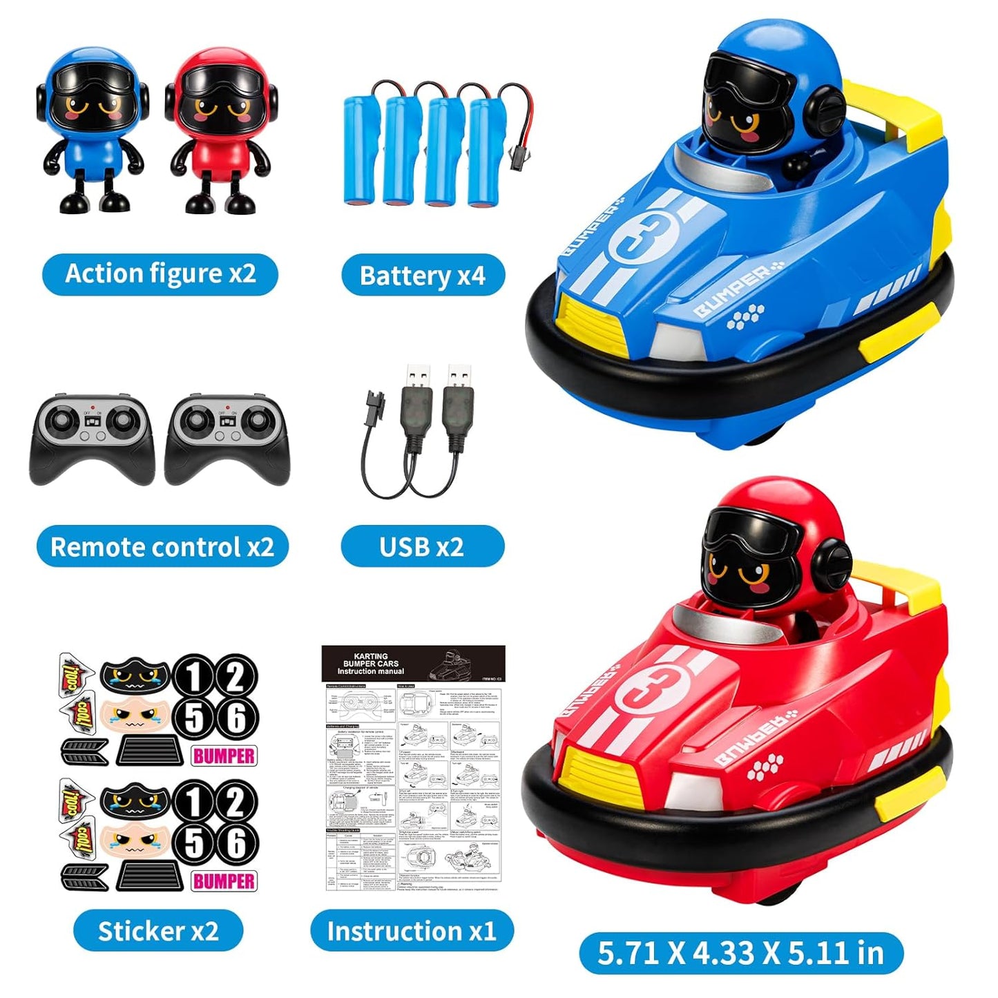 Remote Control Bumper Cars Set with LED Lights, 2-Pack Racing Cars with USB Charging, Multiplayer Racing Toy for Ages 3-8 Years