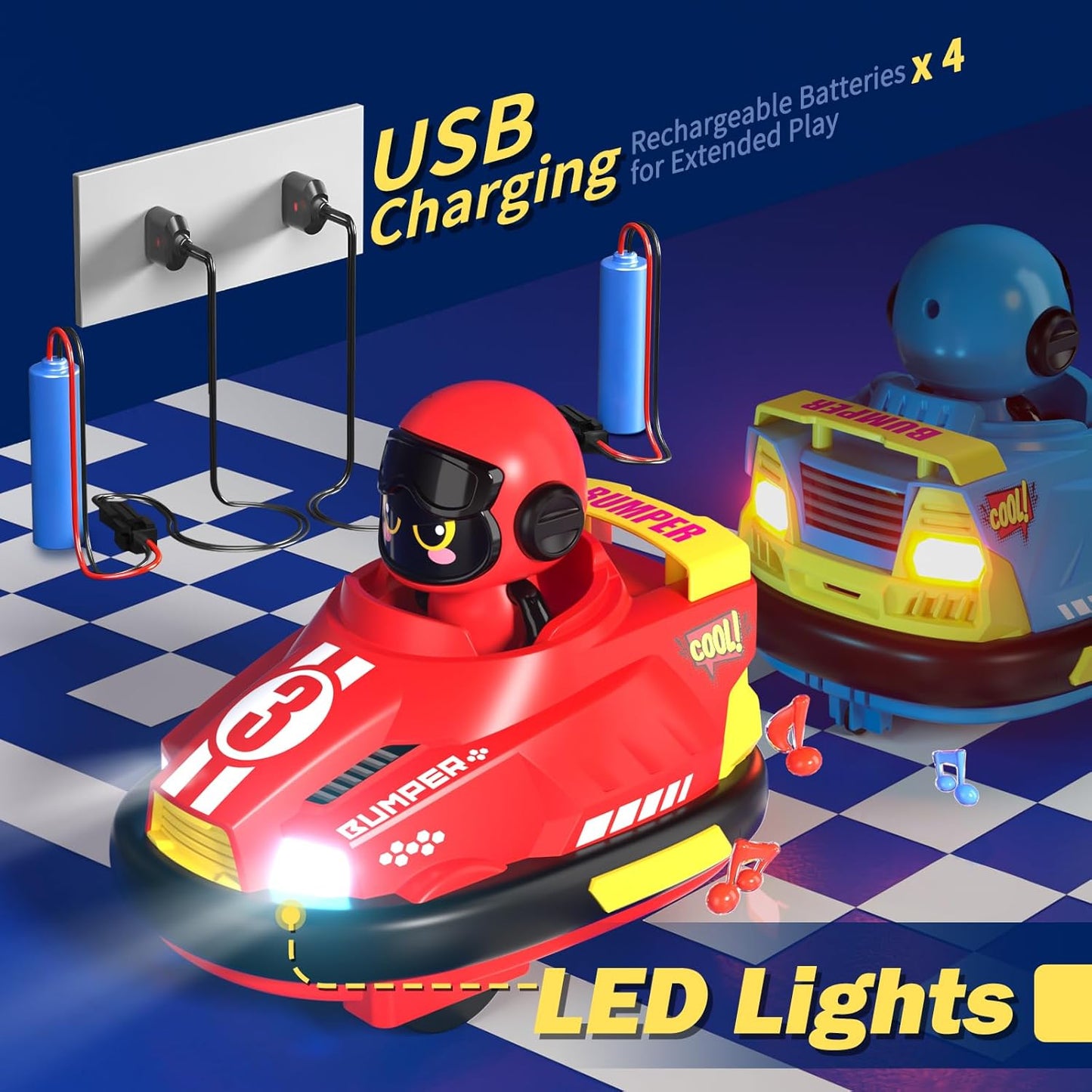 Remote Control Bumper Cars Set with LED Lights, 2-Pack Racing Cars with USB Charging, Multiplayer Racing Toy for Ages 3-8 Years