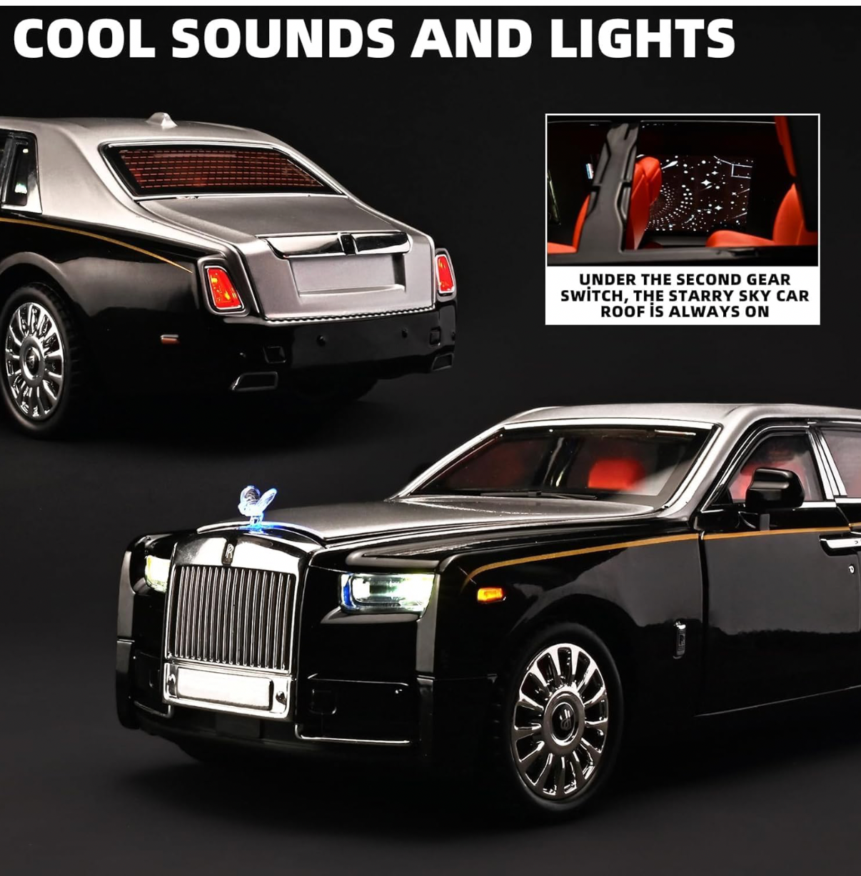 Real model Alloy Metal Pull Back Die-cast Car 1:18 Rolls Royce Phantom with lights and roof- Openable door with Light & Music