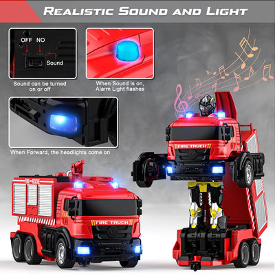 Remote control robot transformer - RC Fire Fighting TRUCK convert into Transformer ROBOT -RC Truck with Water Gun and Lights&Sound, Fire Engine Transformer Toys- playmaster toys