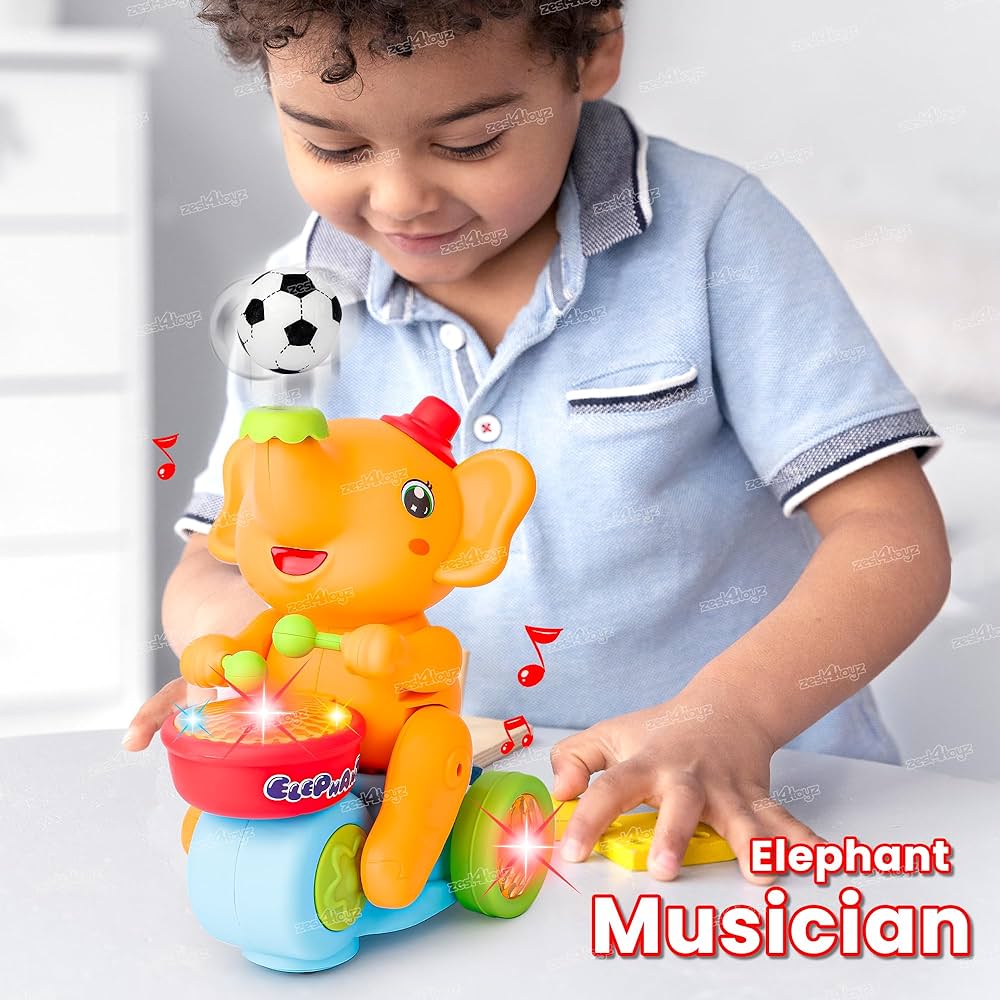 Elephant Musician Toy for Kids with Music and Flashing Light Walking Drum Playing with Lavitation Ball Electric Toys for Kids Cute Elephant Musical Toy