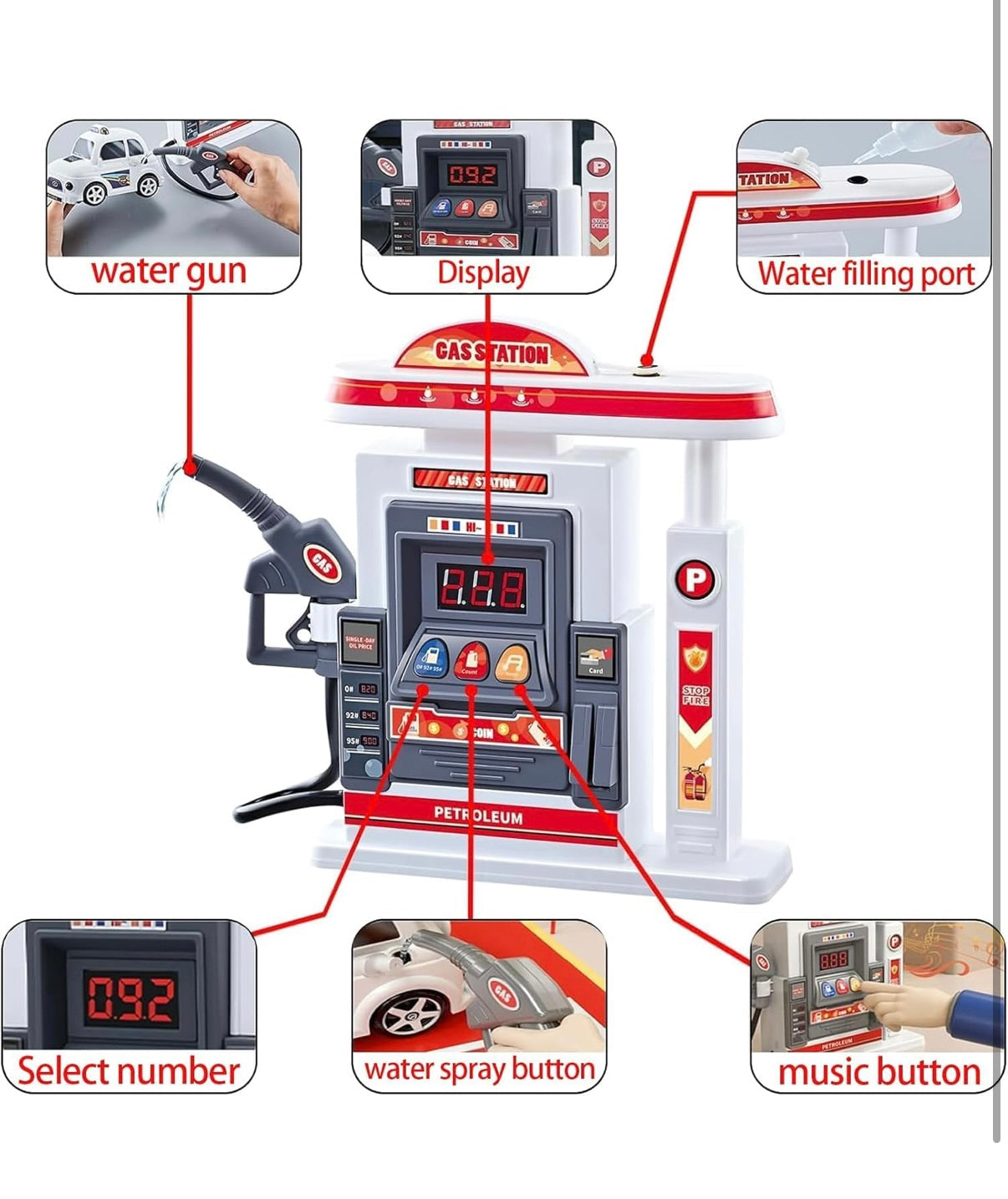 Battery-Operated Mini DIY Gas Station Simulation Model Interactive Refueling Pump & Car Toy Along with Mist Spray Feature Music &Lights Learning Toy for Kids Boys Girls 4+