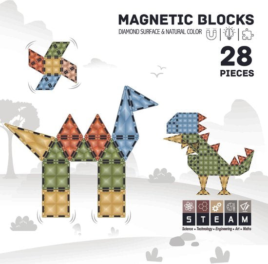 Magnetic Tiles 28 pcs with Ligh Balls- Building Blocks - playmaster magna tiles