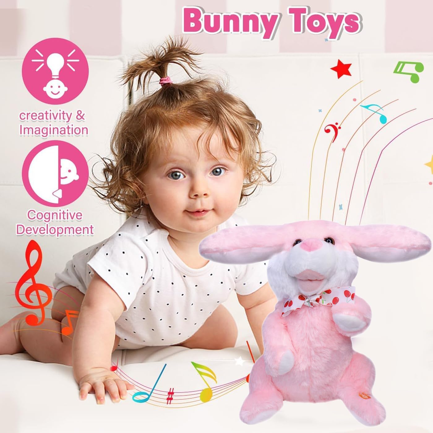 Musical Singing Bunny Plush Toy | Interactive Bunny with Music & Movable Ears | Musical rabbit with dancing ears and songs- rechargeable battery with recording features