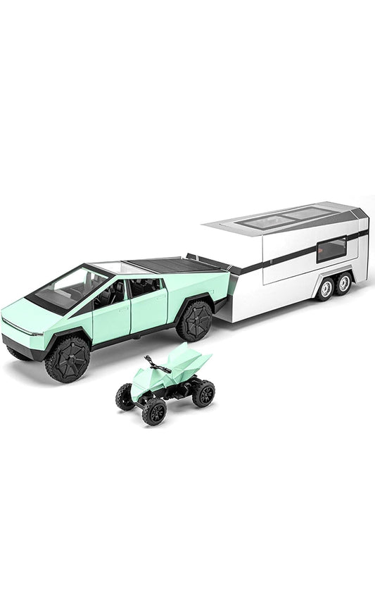 Tesla Cybertruck with Pickup Trailer Alloy Car Model Scale (1:32)- Diecast Metal Off-Road Vehicles Truck Model Sound and Light Kids - playmaster