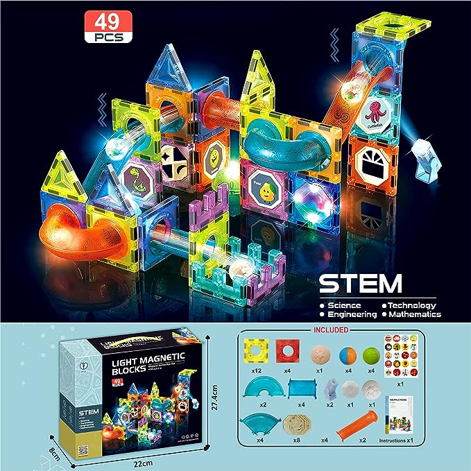 Magnetic Tiles Marble Run 49 pcs with Ligh Balls- Building Blocks - playmaster magnates