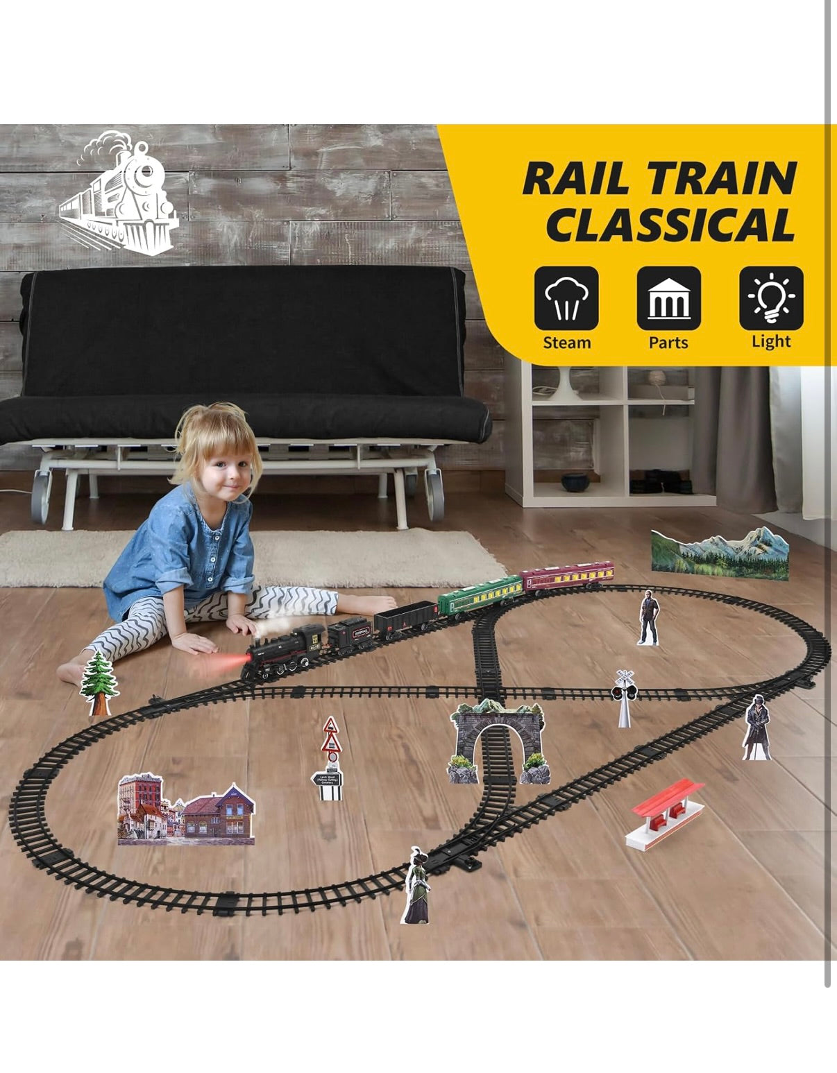 Metal engine Remote control Steam Locomotive Train Set for Kids - Electric Railway Kit w/ Coal Car, Passenger Coach, Cargo Car, Long Tracks, Smoke, Lights & Sound - Battery-Powered Toy Gift for Boys Girls