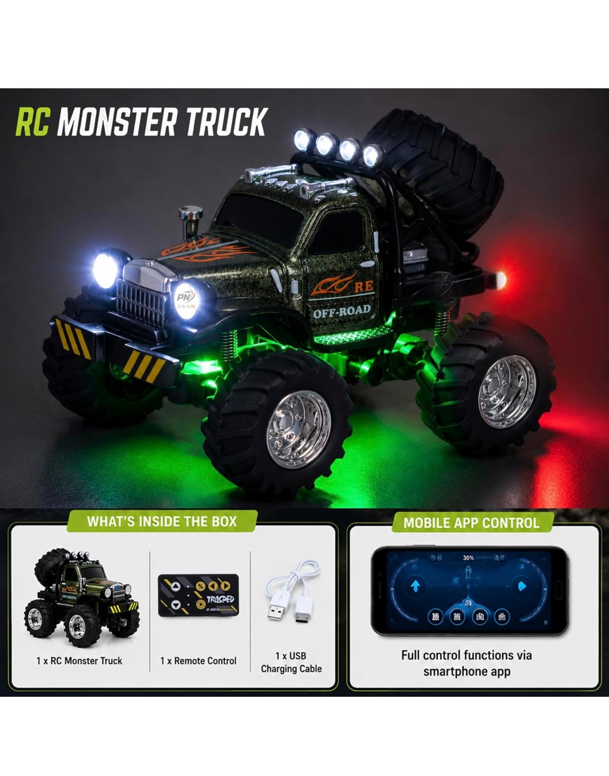 RC Monster Truck for Kids, Mini RC Off Road Car with LED Lights, USB Rechargeable, 2.4GHz Wireless RC Car, Shock Absorber, Big Rubber Tires, Toy Gift for Boys & Girls Age 3