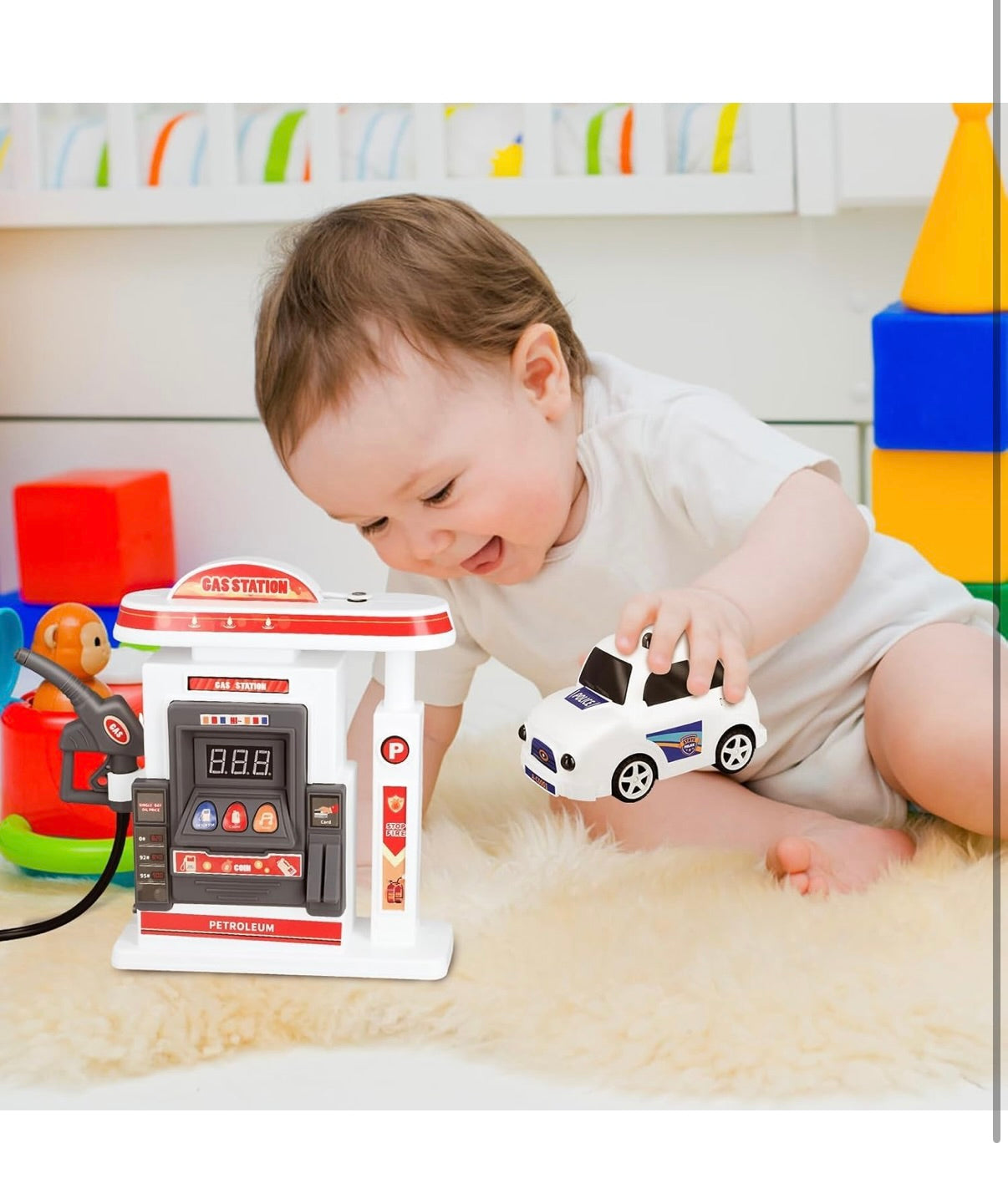 Battery-Operated Mini DIY Gas Station Simulation Model Interactive Refueling Pump & Car Toy Along with Mist Spray Feature Music &Lights Learning Toy for Kids Boys Girls 4+