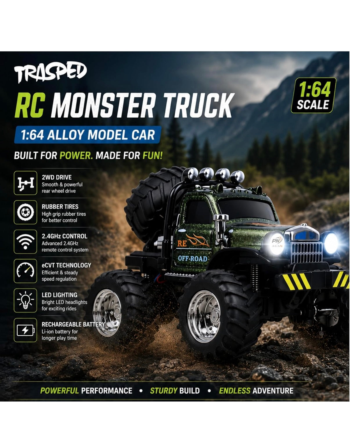 RC Monster Truck for Kids, Mini RC Off Road Car with LED Lights, USB Rechargeable, 2.4GHz Wireless RC Car, Shock Absorber, Big Rubber Tires, Toy Gift for Boys & Girls Age 3