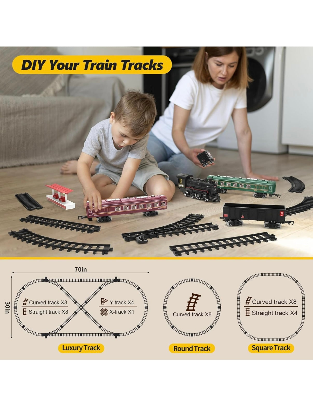 Metal engine Remote control Steam Locomotive Train Set for Kids - Electric Railway Kit w/ Coal Car, Passenger Coach, Cargo Car, Long Tracks, Smoke, Lights & Sound - Battery-Powered Toy Gift for Boys Girls