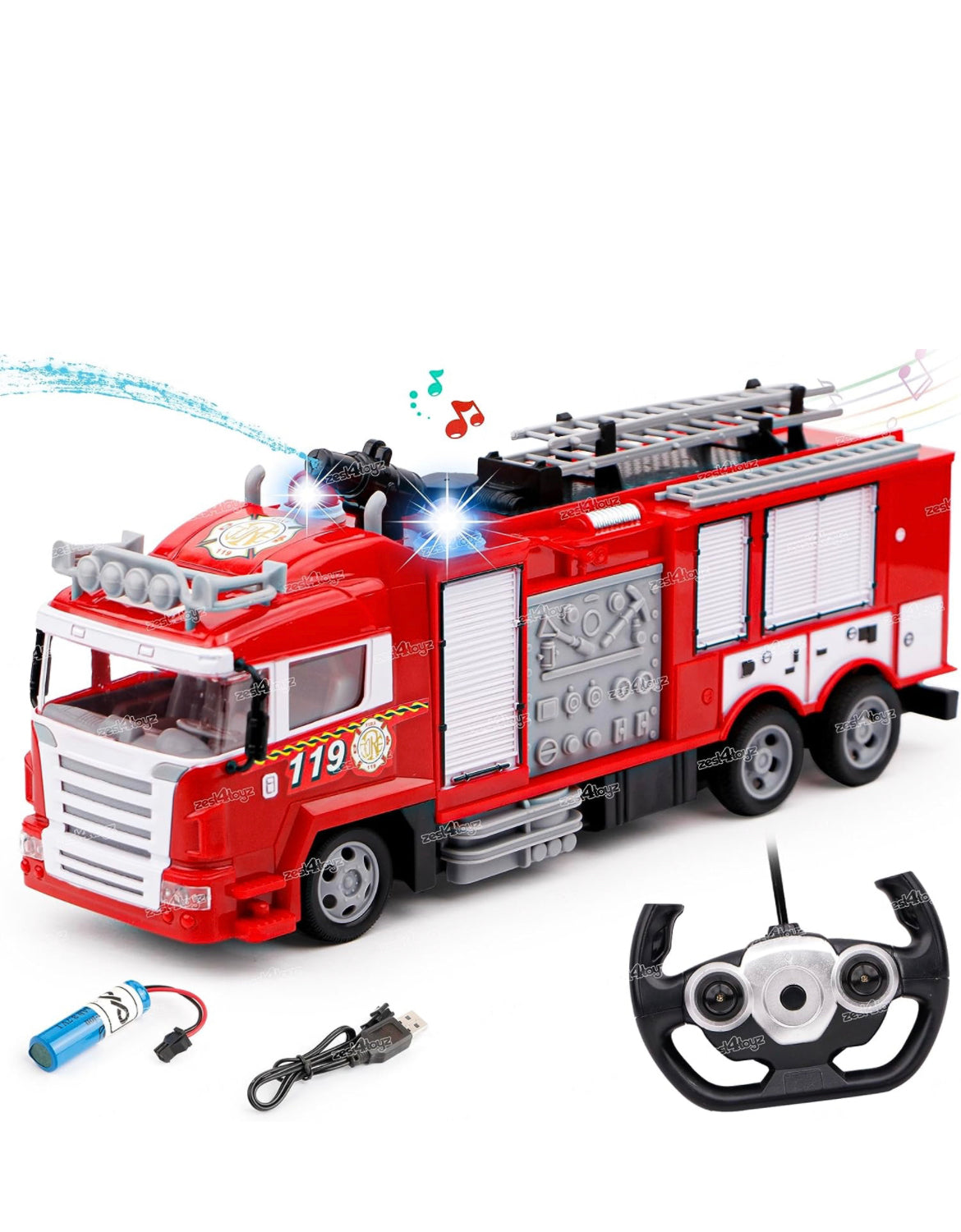 Remote control Fire Spray Truck With Ladder for Kids with Light & Music - fire brigade with siren and water spray fire truck