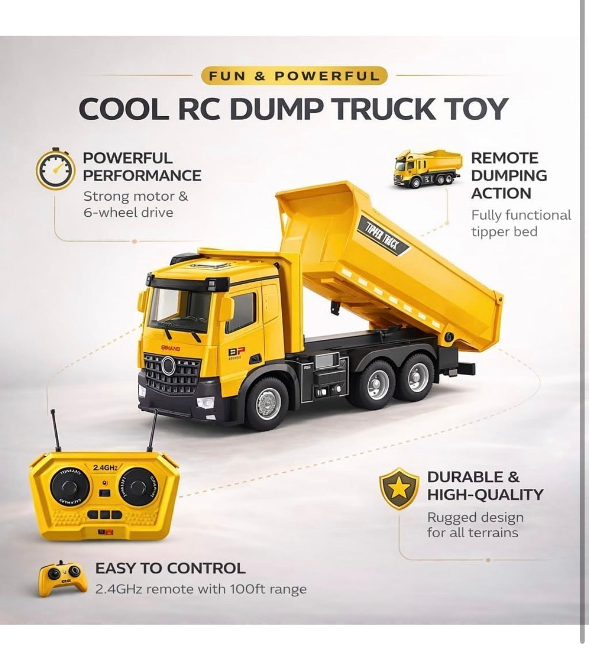 Big size Remote Control Construction Truck Toy – 2.4GHz RC Dump Truck with Sound, Rechargeable Battery, Full Functional Heavy Duty Engineering Vehicle