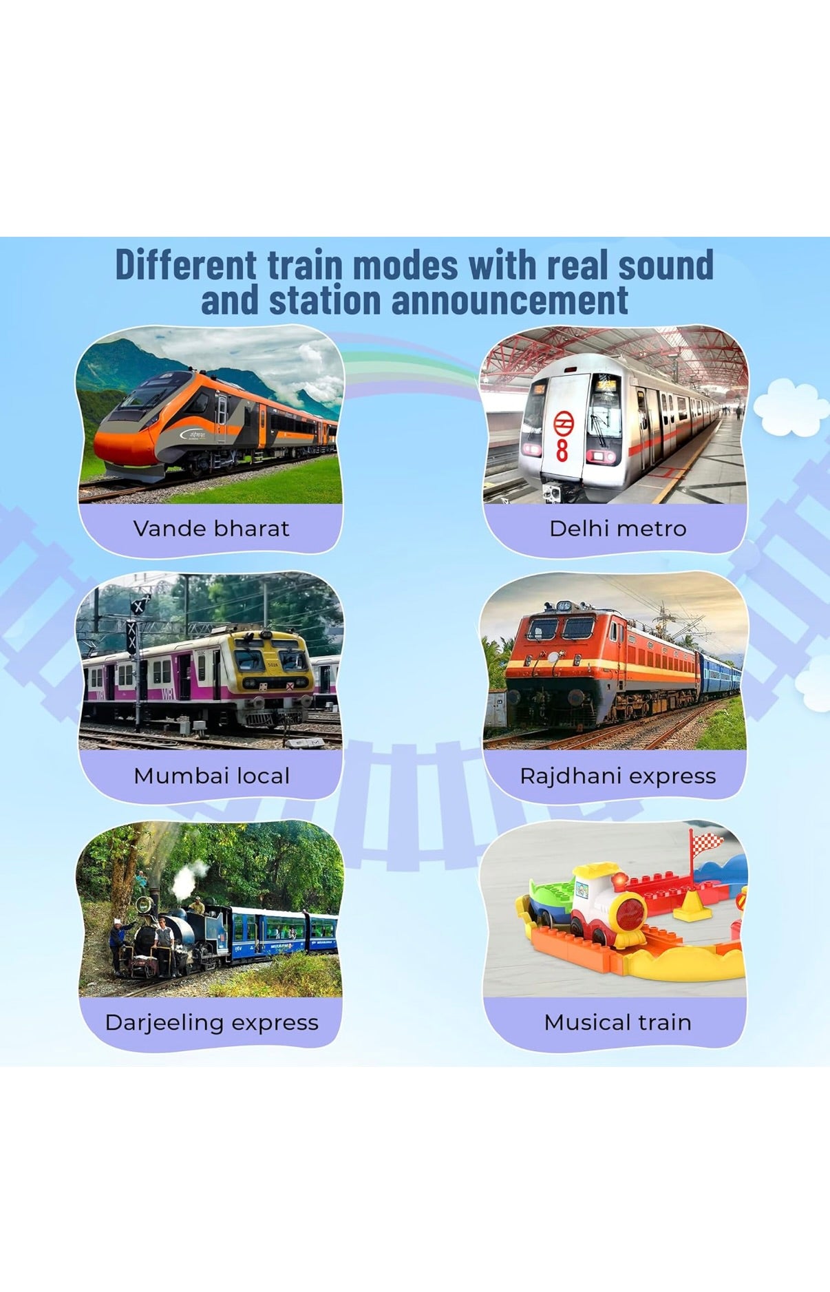 Block Rider Toy Train Set with Colorful & Multiple Track Layout, USB Rechargeable Type-C Engine, Various Sound Modes - Vande Bharat, Rajdhani, Delhi Metro,