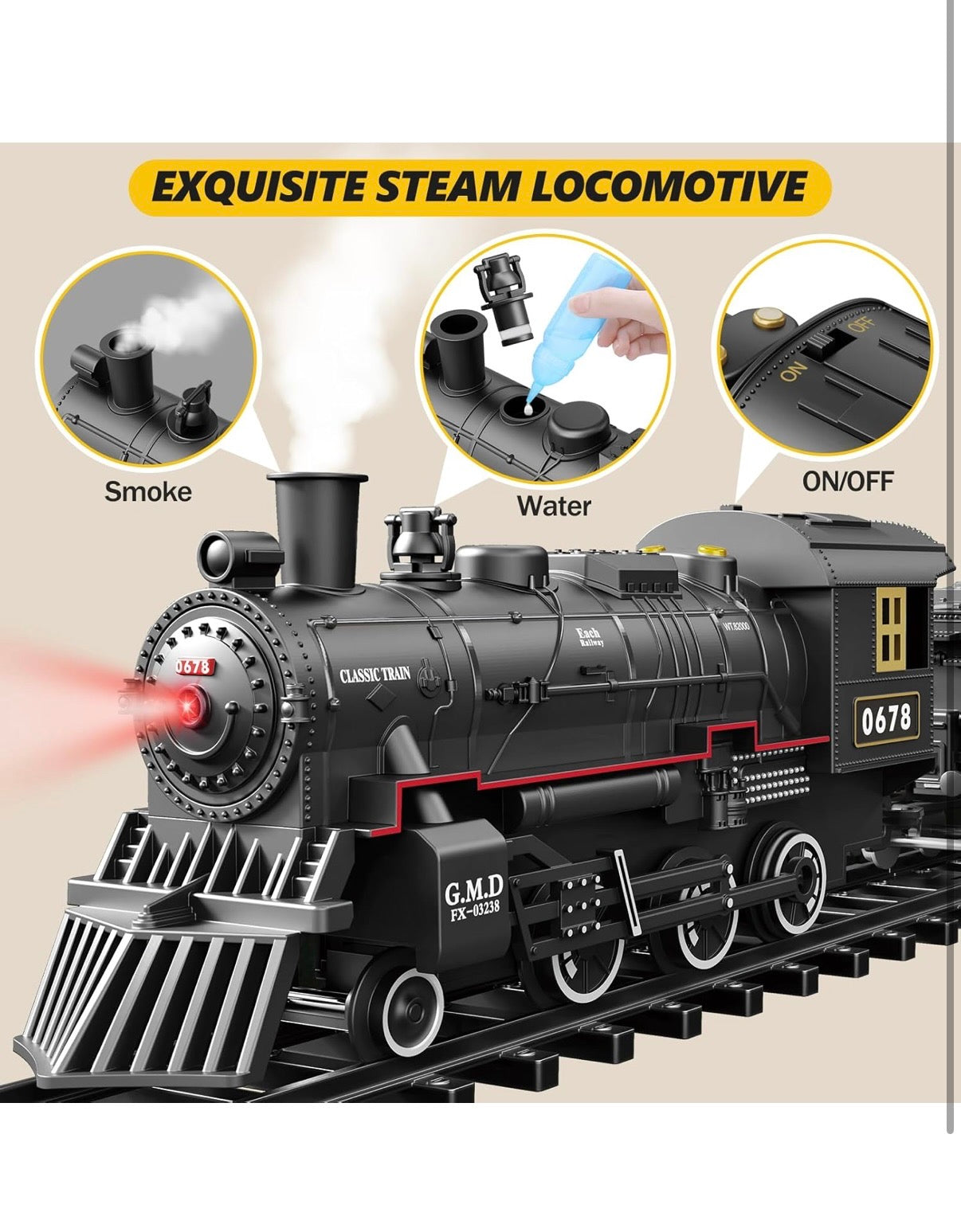 Metal engine Remote control Steam Locomotive Train Set for Kids - Electric Railway Kit w/ Coal Car, Passenger Coach, Cargo Car, Long Tracks, Smoke, Lights & Sound - Battery-Powered Toy Gift for Boys Girls