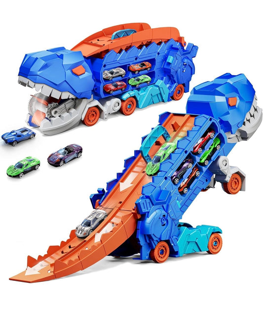 Big Dinosaur Hauler Track Toy, with Foldable Sliding Race Track,Transformable Into Standing Dinosaur Transporter City Hauler