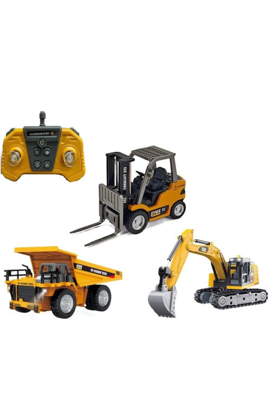 Combo of three Super Mini RC Construction Dumper Truck Vehicle | 1:64 Scale Die-Cast Metal Body | Mini RC Construction Series – Pocket Dump Truck,Excavator & Forklift Set, 1/64 Mini RC Construction Crane Forklift Trucks with Transformable Lift Fork & Hook