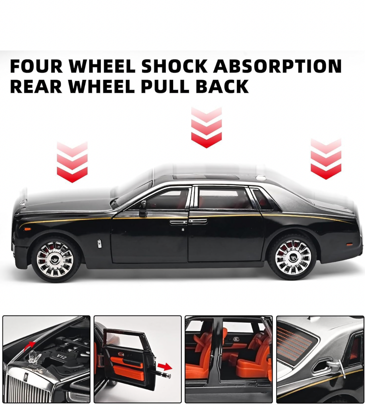 Real model Alloy Metal Pull Back Die-cast Car 1:18 Rolls Royce Phantom with lights and roof- Openable door with Light & Music
