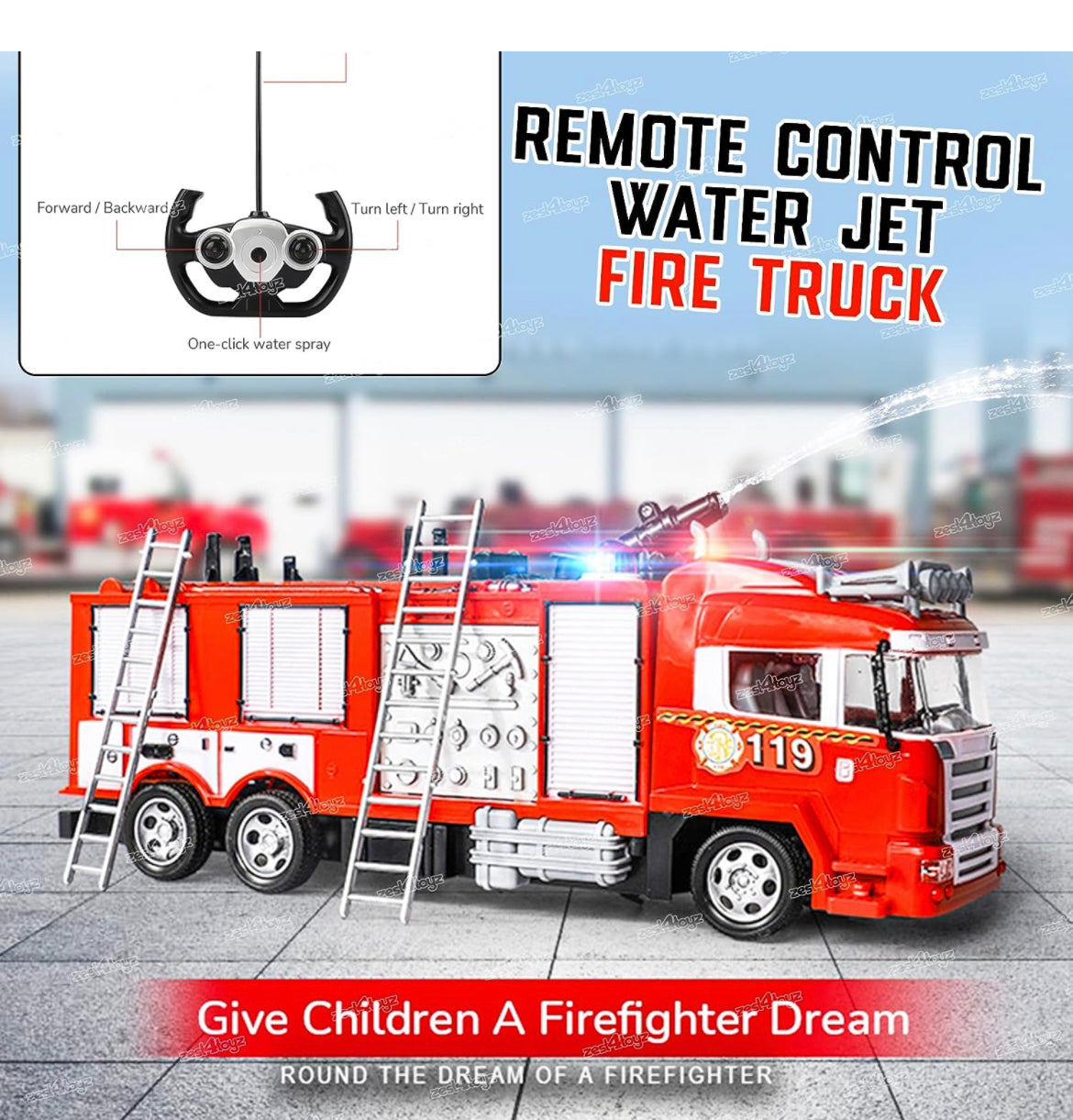 Remote control Fire Spray Truck With Ladder for Kids with Light & Music - fire brigade with siren and water spray fire truck