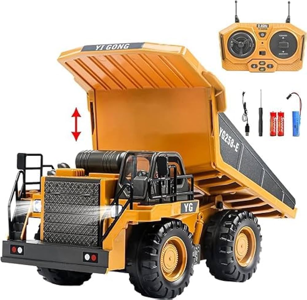 2.4GHz Alloy RC Dump Truck for Kids | Remote Control Construction Vehicle with Metal Parts, Light & Sound | Heavy Duty Rechargeable Tipper Truck with