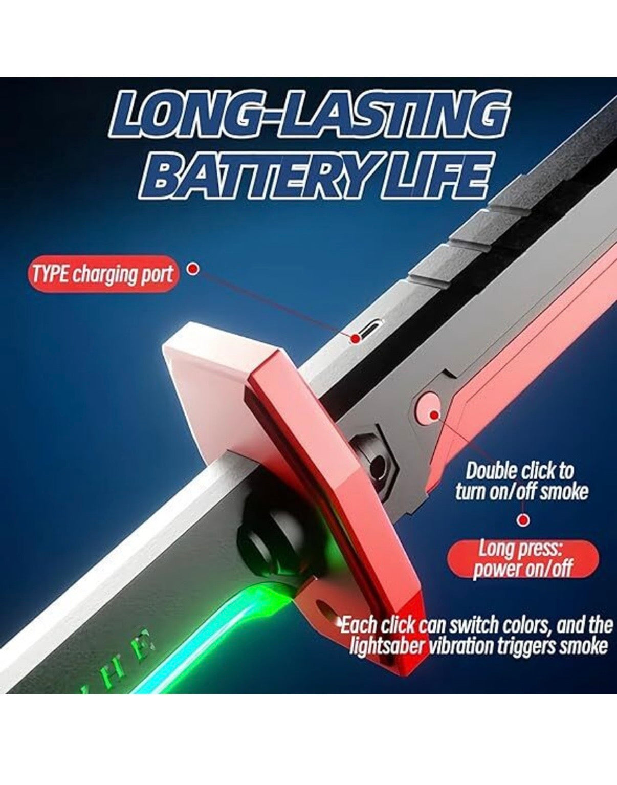 kids Sword katana - musical and rechargeable and lights - multi color - smoke and c type charging sword for kids (rechargeable )