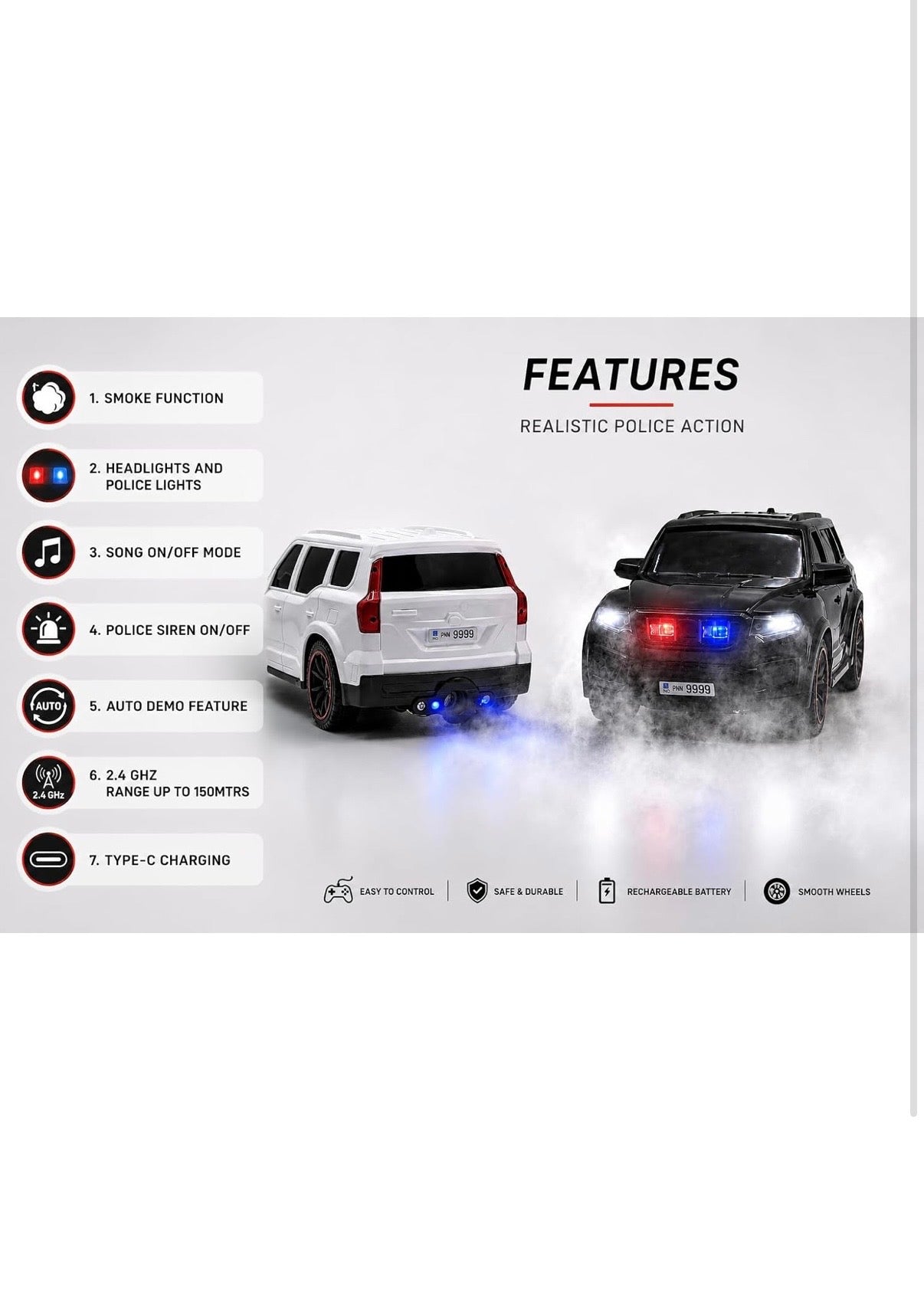 N RC Police SUV Car 1:18 Scale (Plastic) with Smoke Function, LED Headlights, Police Siren, 2.4GHz Remote, Type-C Rechargeable,