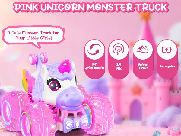 360° Rotating Unicorn Monster Truck, 4WD RC Stunt Cars with Light and Music, 2.4 GHz, Rechargeable, Various Terrain Truck, Unicorn Toys, Christmas, Birthday Gift Age 3-10