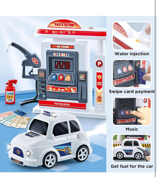 Battery-Operated Mini DIY Gas Station Simulation Model Interactive Refueling Pump & Car Toy Along with Mist Spray Feature Music &Lights Learning Toy for Kids Boys Girls 4+