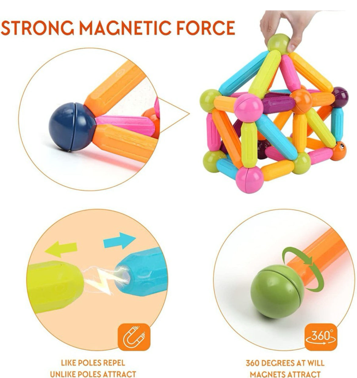 Magnetic Sticks Building Blocks for Kids (64 pieces) - roundel stock blocks- construction building blocks