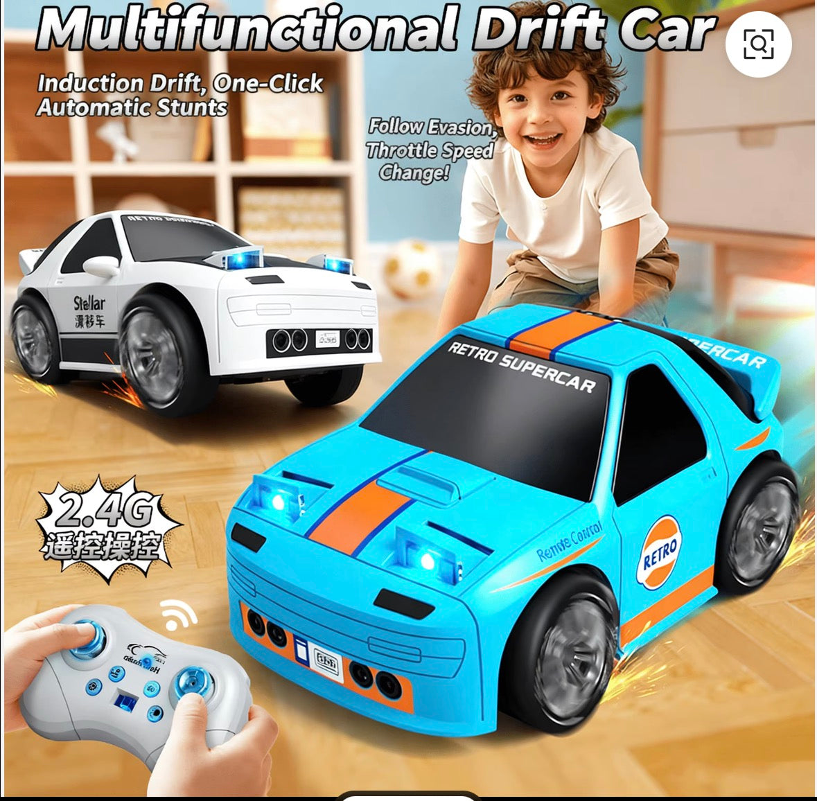 2.4G Remote Control 1:32 Mini Cute Drift Car with Car Headlights 4WD High Speed USB Rechargeable Stunt Toy Vehicle for Kids