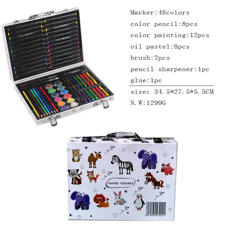 Suitcase Colour Kit - Animal Art Kit For Kids with Multicolor Briefcase which contains 12 Oil Pastel Colors, 10 Water Colors, 12 Sketch Pens and 12 Pencil Colors