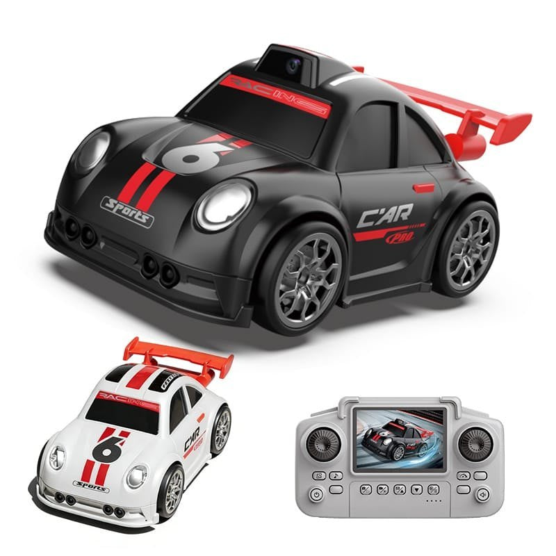 Mini  Remote Control RC Drift Racing Car with camera and LED Lights C Sports Car with Camera, Black and Red, Remote Control with Screen(Black and white )