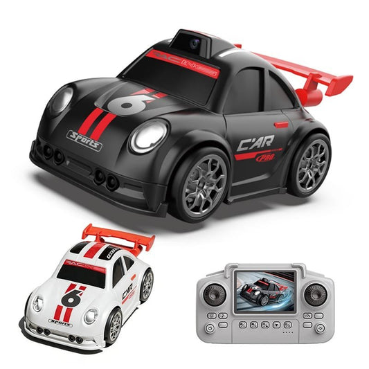 Mini  Remote Control RC Drift Racing Car with camera and LED Lights C Sports Car with Camera, Black and Red, Remote Control with Screen(Black and white )