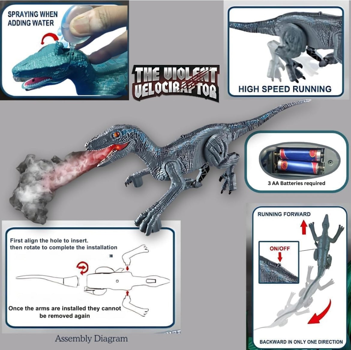 Walking Dinosaur Toys - The Realistic Veleceraptor Dinosaur Toy with Roaring Function, Simulation Flame Mist Spray and Realistic Sounds Actions Best Gift