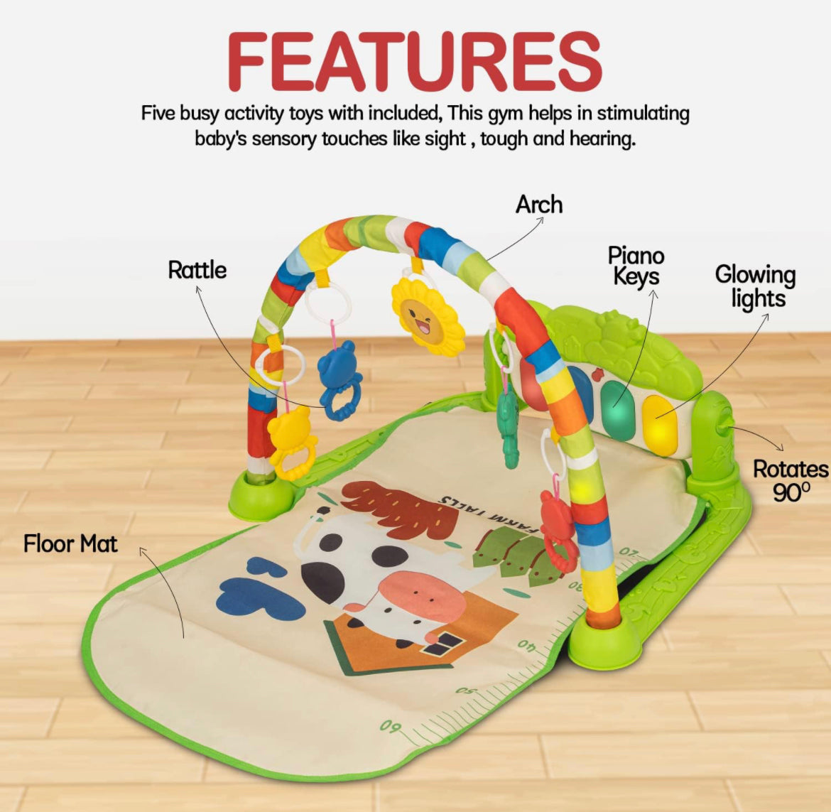 Kick & Play Piano Baby Playgym for Babies, Activity Play Gym Mat for Baby with 5 Baby Toys