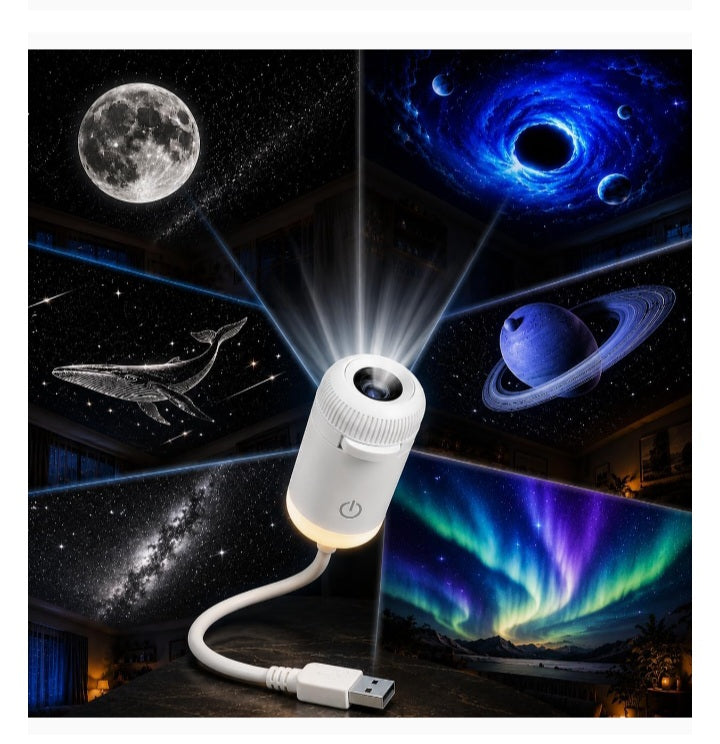 2-in-1 Galaxy Projector Night Light | USB Portable Starry Sky & Moon Projection Lamp with 360° Flexible Gooseneck | Mini LED Nightlight Wall Lamp for Bedroom, Ceiling Decor, Kids & Adults (Silver)