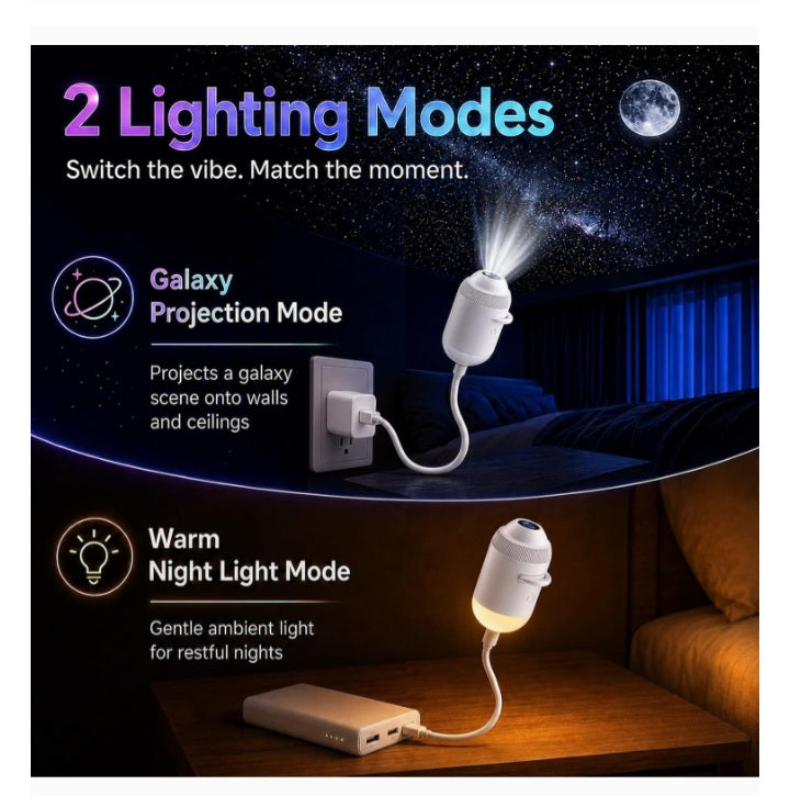2-in-1 Galaxy Projector Night Light | USB Portable Starry Sky & Moon Projection Lamp with 360° Flexible Gooseneck | Mini LED Nightlight Wall Lamp for Bedroom, Ceiling Decor, Kids & Adults (Silver)