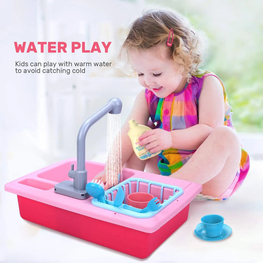 Play Sink with Running Water, Kids Play Kitchen Toy Sink Electronic Dishwasher,