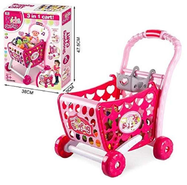 3 in 1 Kids Supermarket Shopping Cart Hand Induction with Light & Sound Pretend Play Toy for Kid with Fruits & Vegetables, Pink