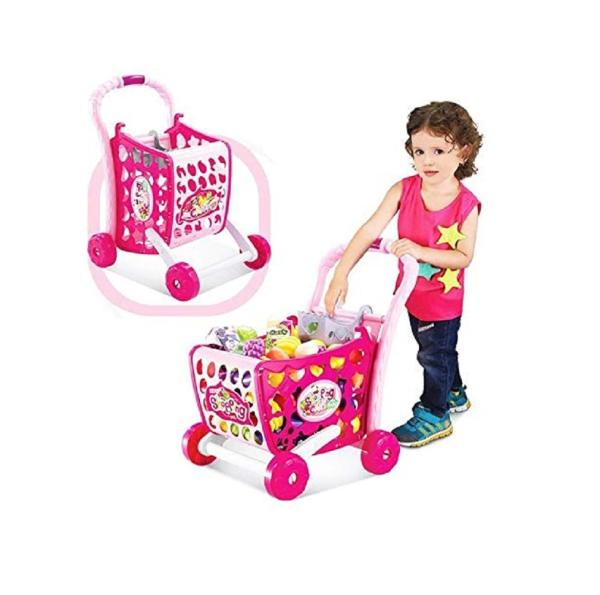 3 in 1 Kids Supermarket Shopping Cart Hand Induction with Light & Sound Pretend Play Toy for Kid with Fruits & Vegetables, Pink