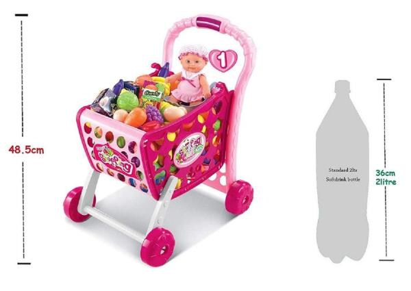 3 in 1 Kids Supermarket Shopping Cart Hand Induction with Light & Sound Pretend Play Toy for Kid with Fruits & Vegetables, Pink