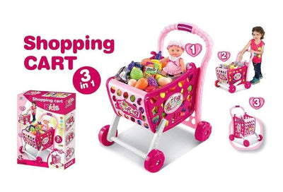 3 in 1 Kids Supermarket Shopping Cart Hand Induction with Light & Sound Pretend Play Toy for Kid with Fruits & Vegetables, Pink